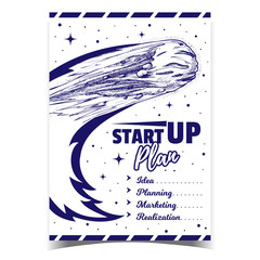 Startup Plan Business Advertising Banner Vector. Idea And Planning, Marketing And Startup Realization. Flying Asteroid Celestial Body And Stars. Comet Meteor Hand Drawn Monochrome llustration