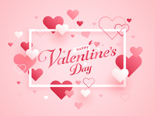 Happy Valentine's Day Font with Hearts Decorated on Glossy Pastel Pink Background.