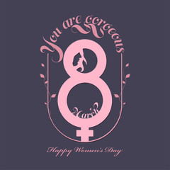 Pink 8 March Text with Female Gender Sign and Given Message You Are Gorgeous on Grey Background for Happy Women's Day.
