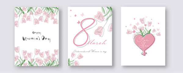 8 March, Happy Women's Day Template Design Decorated with Doodle Style Tulip Flowers, Butterflies and Heart Shape Venus Sign in Three Option.