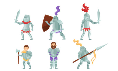 Medieval Knights Wearing Armor and Standing in a Fighting Pose Vector Set