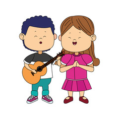 cute boy and girl standing with guitar