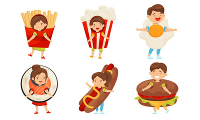 Little Kids Wearing Food Costumes and Smiling Vector Illustrations Set