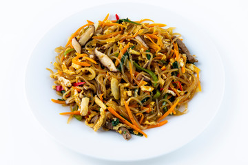 Stir fried Korean glass noodle with soy sauce called Japchae