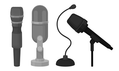 Different Microphones Vector Set. Equipment for Vocal Performance