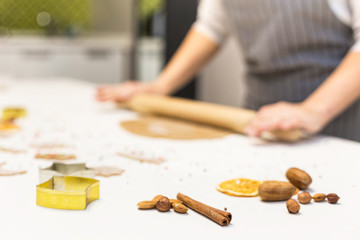 Young pretty woman prepares the dough and bakes gingerbread and cookies in the kitchen. Merry Christmas and Happy New Year.