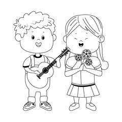 cute boy with guitar and girl with flowers, flat design