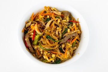 Stir fried Korean glass noodle with soy sauce called Japchae