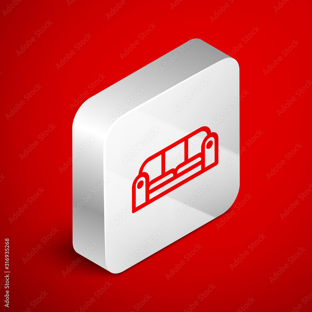 Poster isometric line sofa icon isolated on red background. silver square button. vector illustration