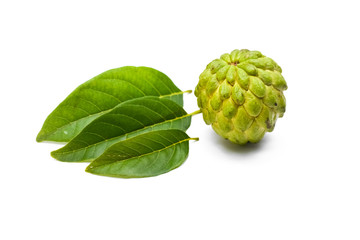 Sugar apple or custard apple with green leaf isolated on white background
