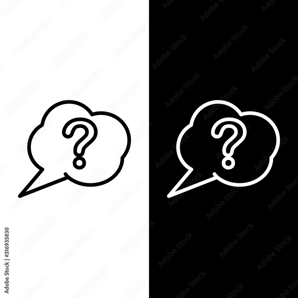 Poster set line speech bubble and question icon isolated on black and white background. faq sign. copy file