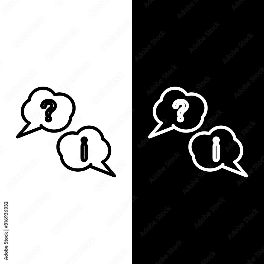 Poster set line speech bubbles with question and exclamation icon isolated on black and white background. f