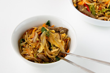 Stir fried Korean glass noodle with soy sauce called Japchae