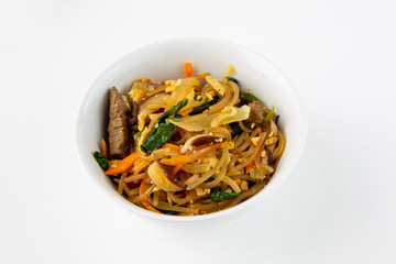 Stir fried Korean glass noodle with soy sauce called Japchae