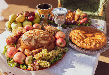 Pies with fruits on the festive table