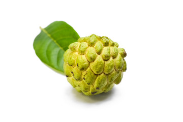 Sugar apple or custard apple with green leaf isolated on white background