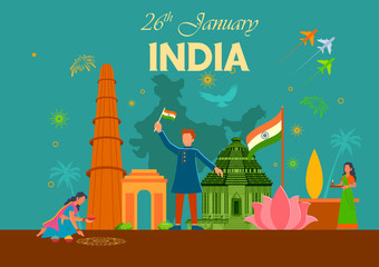 Fototapeta premium illustration of flat minimal simplistic background for 26 January Happy Republic Day of India