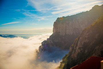 Fototapeta na wymiar BARCELONA, SPAIN - December 26, 2018: The mountains of Montserrat in Barcelona, Spain. Montserrat is a Spanish shaped mountain which influenced Antoni Gaudi to make his art works.