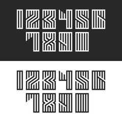 Set of numbers for modern trend monogram typography, linear calligraphy math symbols, numbers geometric shape from parallel black and white lines.