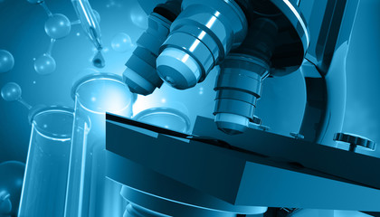 Microscope on science research lab. scientific background. 3d illustration.