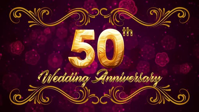 Gold Texture 50th Wedding Anniversary Text Motion With Romantic Red Purple Flower Shapes Glitter Dust And Artistic Golden Vine Flourish Frame Ornaments Animation