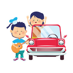 cartoon boy singing and playing guitar and girl in classic car