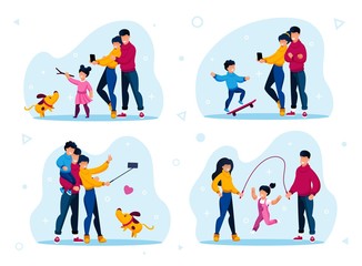 Fototapeta premium Family Outdoor Recreation and Active Lifestyle Trendy Flat Vector Concepts Set. Parents and Child Playing with Dog, Shooting Memorable and Selfie Photos, Girl Jumping on Rope Isolated Illustrations