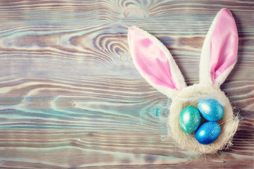 Happy Easter. Congratulatory easter background. Background with copy space. Selective focus. Top view. Horizontal.