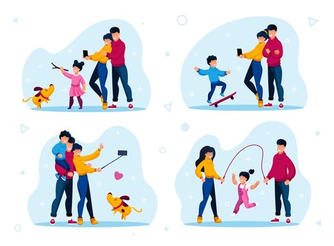 Family Outdoor Recreation and Active Lifestyle Trendy Flat Vector Concepts Set. Parents and Child Playing with Dog, Shooting Memorable and Selfie Photos, Girl Jumping on Rope Isolated Illustrations