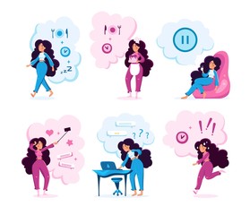 Modern Woman Daily Routine Trendy Flat Vector Characters Set. Young Lady Planning Diet, Baking Sweets, Drinking Coffee, Making Photos, Communicating in Internet, Feeling Stress Isolated Illustration