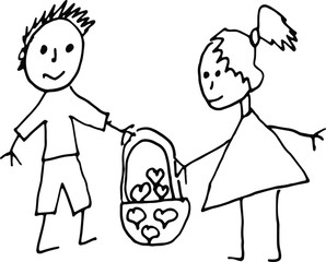 a boy and a girl carry a basket with hearts