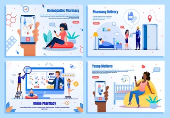 Homeopathic Pharmacy, Medicines Delivery Service, Online Drugstore, Shop for Babies Trendy Flat Vector Web Banner, Landing Page Templates Set. People Shopping in Internet with Smartphone Illustration