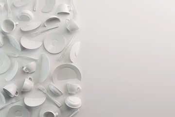 White Food background concept for design menu restaurant or cafe. Copy space for your logo. Food flyer. Ceramic Plates and Dishes. White coffee mugs and saucers on a white background. 3d render