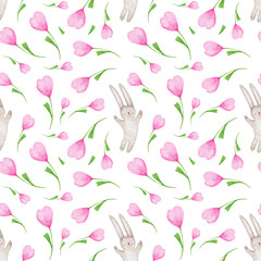 Cute watercolor seamless easter pattern; pink tulips and cute bunnies on white background