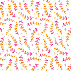 Cute watercolor seamless floral pattern; pink anfd orange leaves on white background