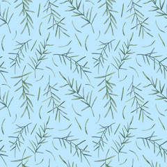 Naklejka na ściany i meble Cute watercolor seamless floral pattern; fir leaves and pine branches on blue background