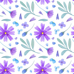 Cute watercolor seamless floral pattern; purple meadow flowers and leaves on white background