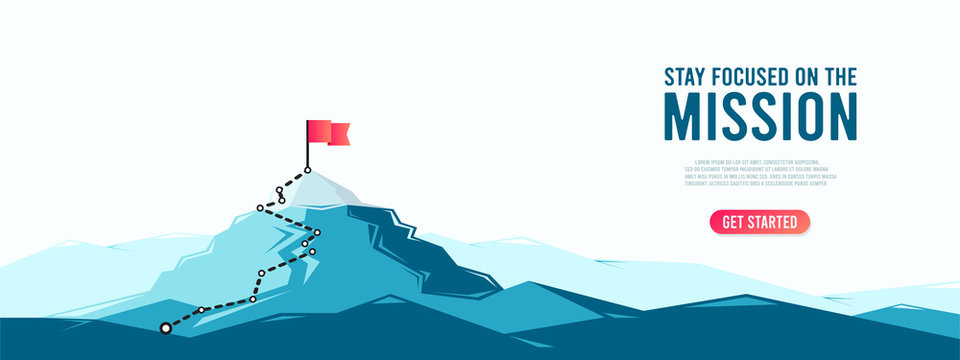 Flag on the mountain peak. Business concept of goal achievement or success. Flat style vector illustration