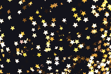 Festive overlay effect. Golden stars bokeh festive glitter dark background with copy space. Christmas, New Year, holidays and any other any purposes design.