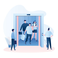 Lift with open doors, group of people in the elevator and around. Hallway in shopping mall or business center © naum