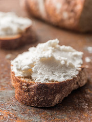 Whole grain bread bruschetta with white soft curd cream cheese on a ginger grunge background. Close-up