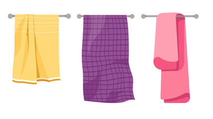 Towels on holder, cotton, waffer and terry textile, isolated icons