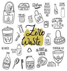 Zero waste life concept. Doodle vector hand drawn illustration in scandinavian style, go green, no plastic. Set of stickers about ecology, green technology
