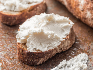 Whole grain bread bruschetta with white soft curd cream cheese on a ginger grunge background. Close-up