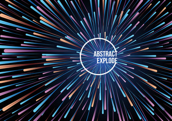 Abstract vector colorful line explode background in blue and orange color. Firework, particle, motion speed concept.