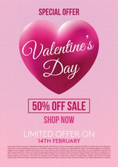 Valentines day vector flyer template in pink color with 3D heart. Special offer sale background