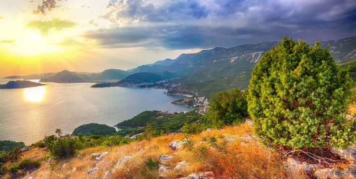 Aerial sunset view of Adriatic coast from church st. Sava viewpoint near Budwa