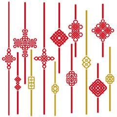 Red template symbols, braid and stripes in chinese style. Ethnic ornament and eastern elements. Trendy print for design. Vector set.