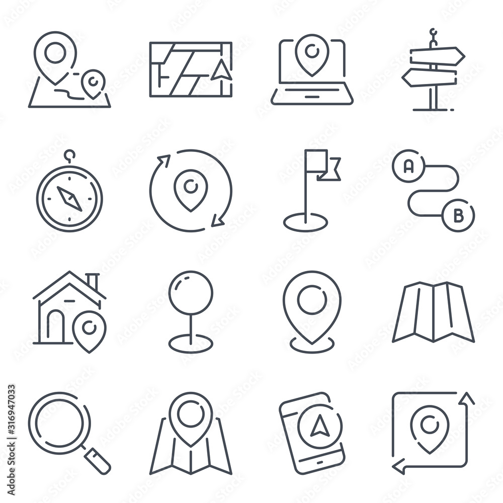 Poster location related line icon set. navigation and direction linear icons. destination outline vector si