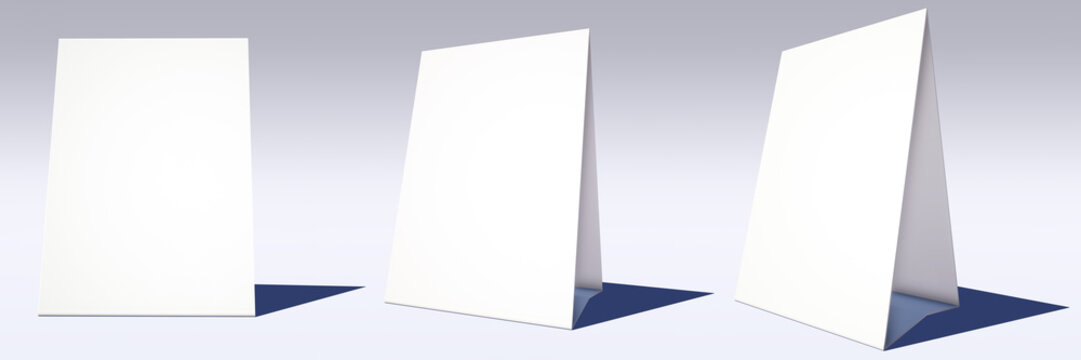 White triangle table tent standee isolated over background, front view.  (Clipping path inside, 3D rendering computer digitally generated illustration.)